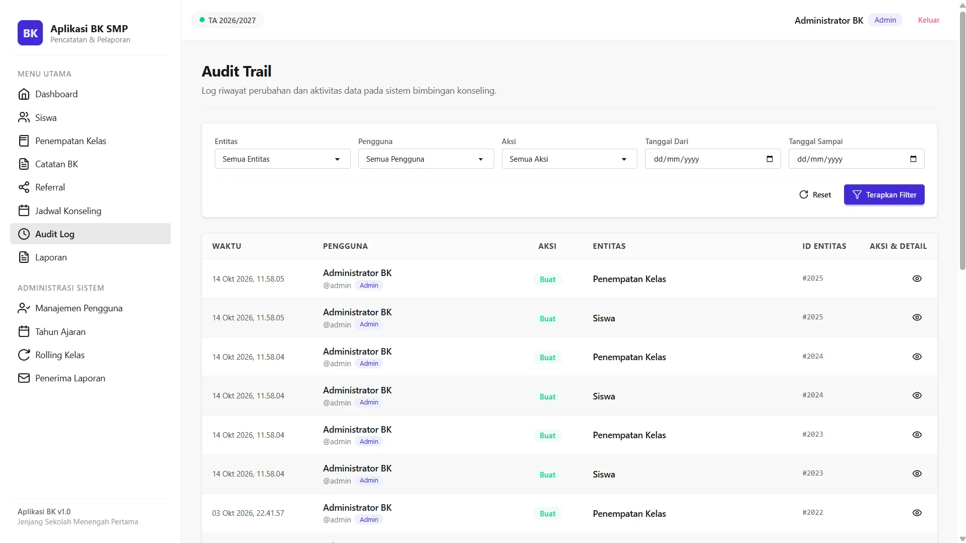 Tabel audit trail riwayat aktivitas dan perubahan data sistem bimbingan konseling